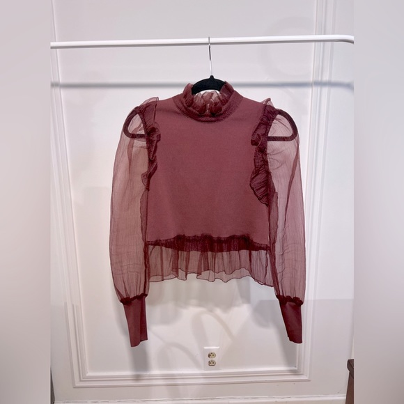 BURGUNDY PUFF SLEEVE CROP SHIRT // Size Medium ♥️ - Picture 1 of 7